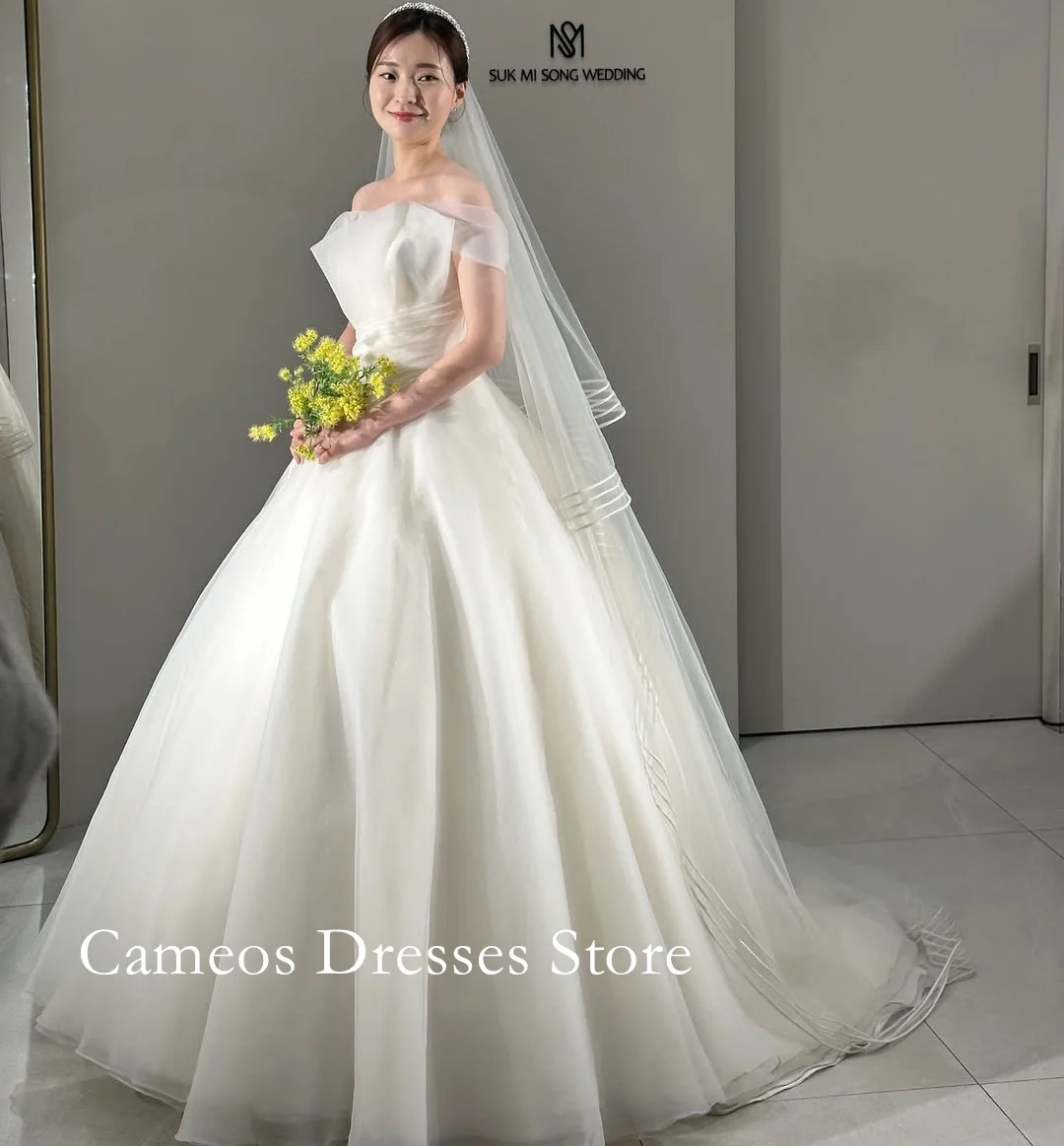 

SONDR Customized Off Shoulder Organza Simple Ivory Wedding Dresses Lace-up Short Sleeves Korea Brides Gowns Women Bridal Dresses