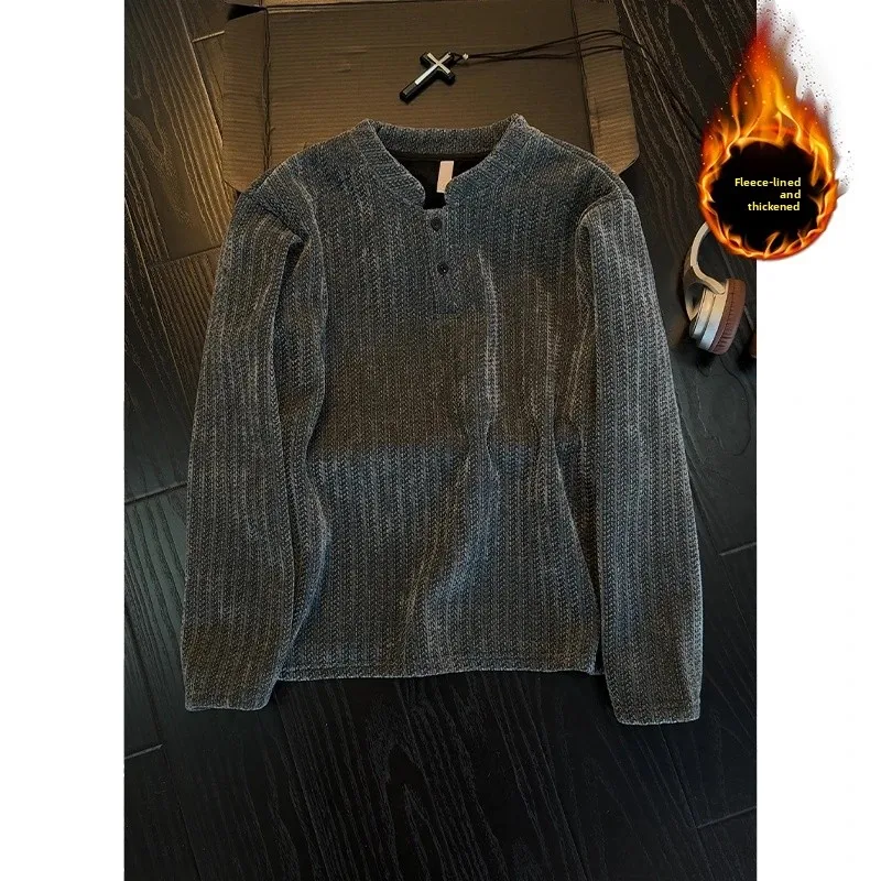 

Мужская футболка с длинным рукавом и воротником хенли, на флисовой подкладке, с узором в виде рыбьей кости, базовый слой, повседневная, из полиэфирного волокна