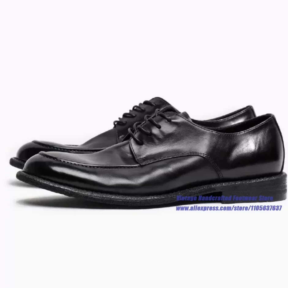 Men's Round Toe Business Casual Shoes Retro Black Leather Lace-Up Shoes British Style Derby Leather Shoes Handcrafted Men's Shoe
