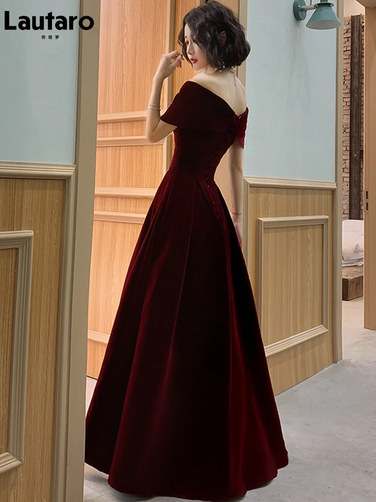 Lautaro-Vestido largo de terciopelo suave para mujer, de lujo con hombros descubiertos traje elegante, color rojo vino, para fiesta de noche y boda, Primavera, 2022