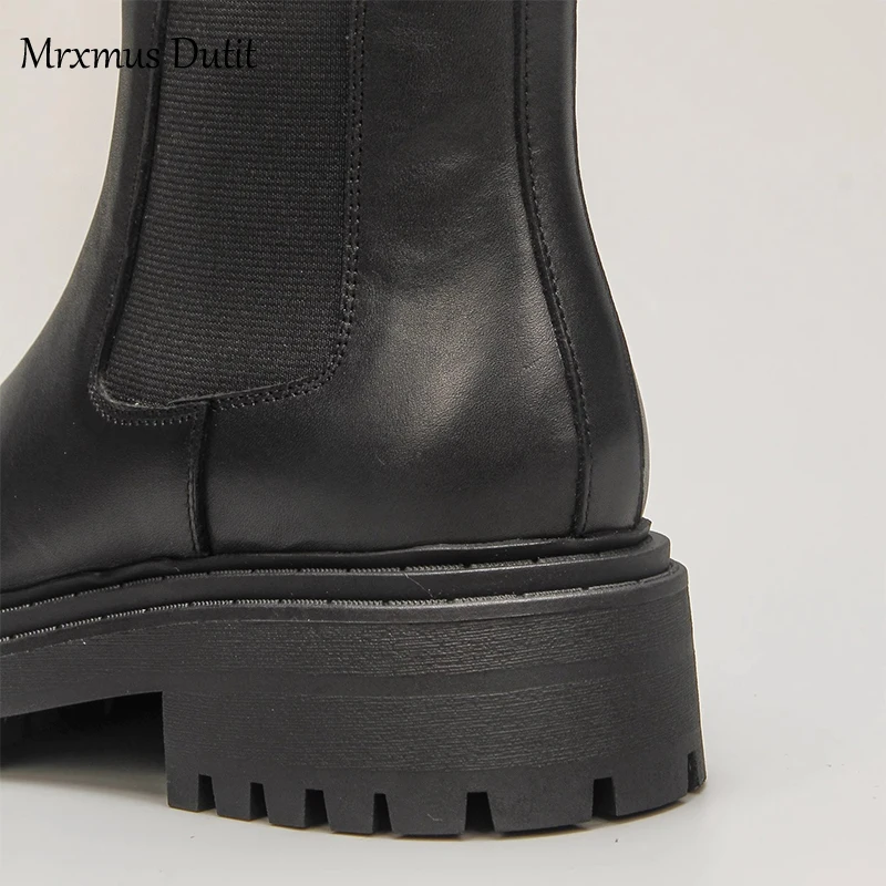 Mrxmus Dutit 2023 Autumn Winter New Fashion Women Genuine Leather Round Head Mid Heel Boots Simple Casual Shoes Female Chic