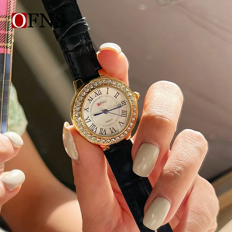 OFNS 5522 Women Watch Simple Genuine Leather Belt Retro Quartz Roman Scale Inlaid Diamond Calendar Exquisite Watches for Woman
