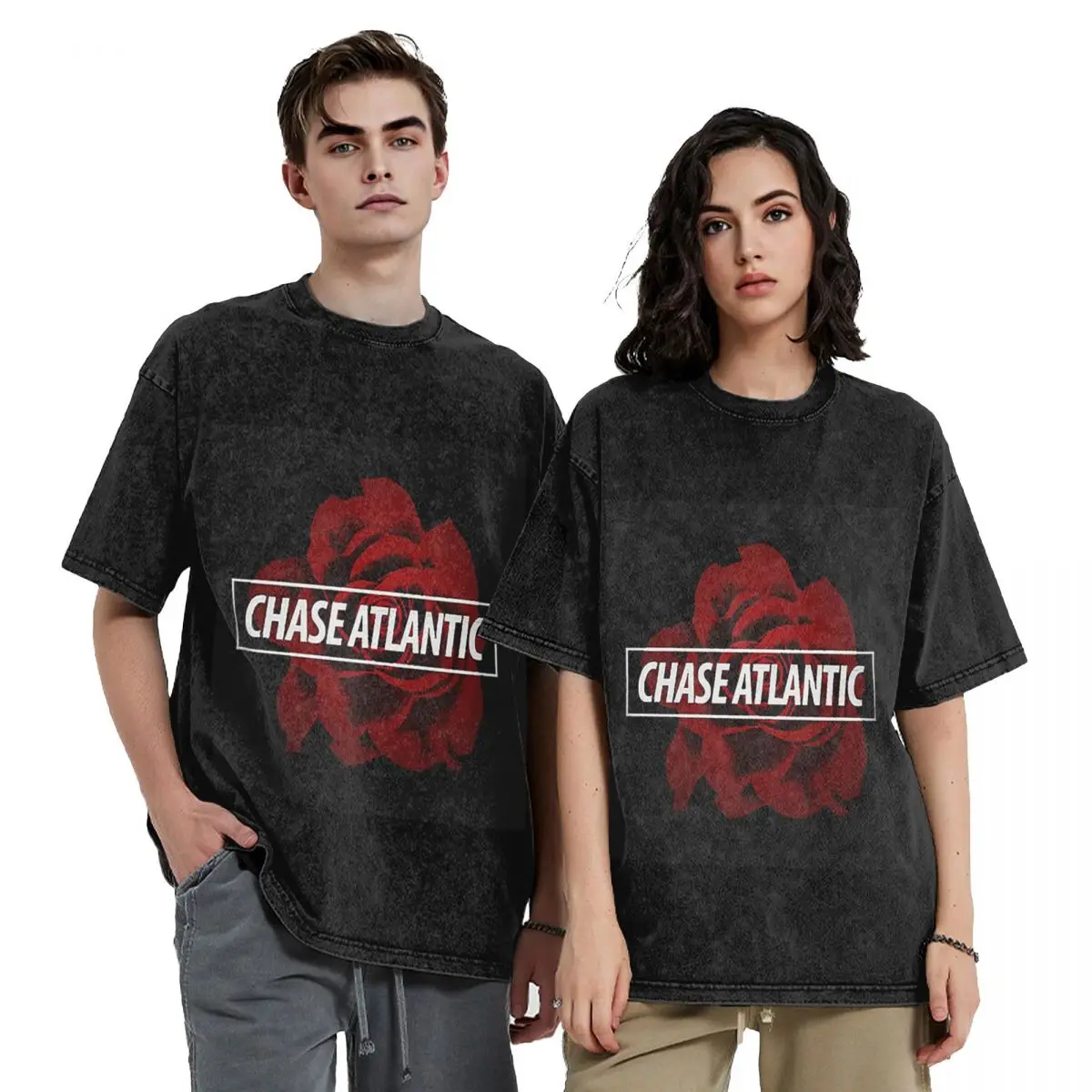 Chase Atlantic Rose Logo Hip Hop Short Sleeve T-Shirts Washed Tops Tees Streetwear T Shirt Printed for Men Women