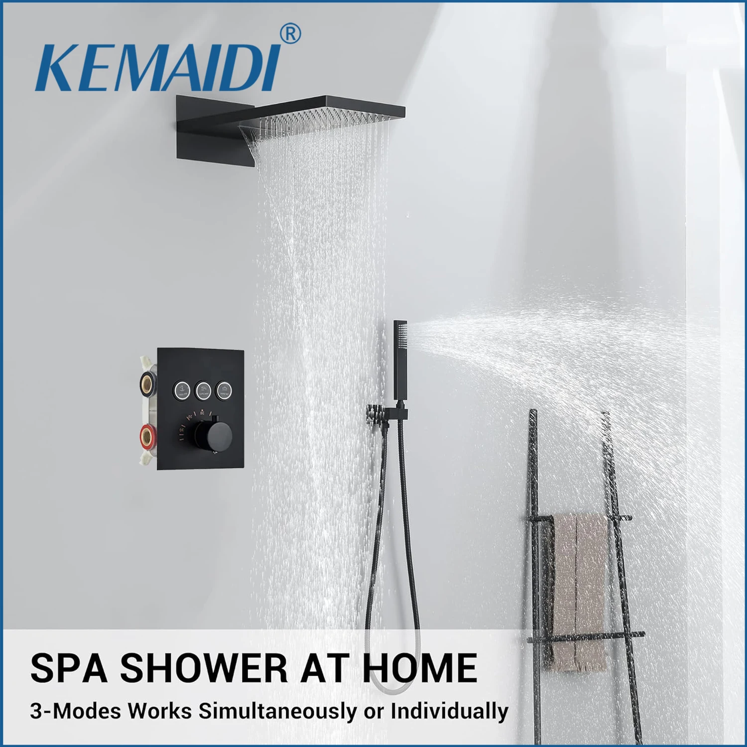 

KEMAIDI Black Thermostatic Shower System with Large RainShower Head Luxury Shower Faucet Set Shower Fixtures Include Brass Valve