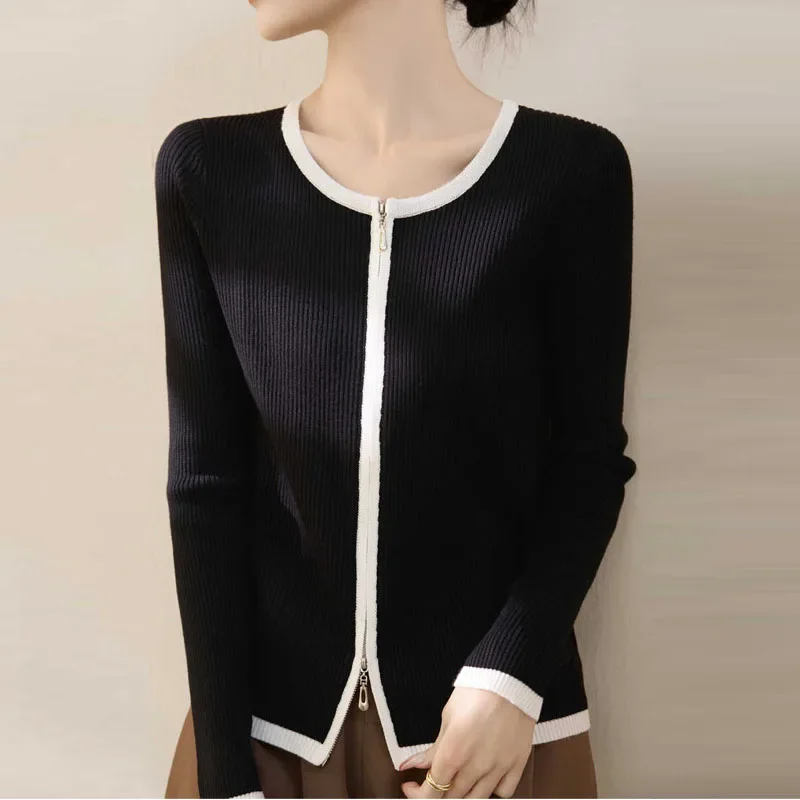 

Модный вязаный свитер с длинным рукавом, женские кардиганы с круглым вырезом, черный вязаный свитер, кардиган, женские топы, свитера Sueter Feminino Q964