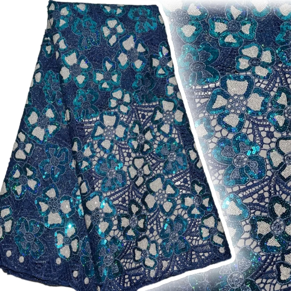 

2025 Luxury Blue Lace Fabric with Sequins 5 Yards Embroidery Guipure French Lace Material with 3D Sego Headtie Wrap AH1412