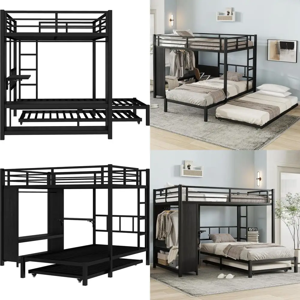 

SOFTSEA Full Over Twin Bunk Bed with Built-in Wardrobe and Trundle, Metal L-Shape Bunk Bed with Foldable Desk, Black