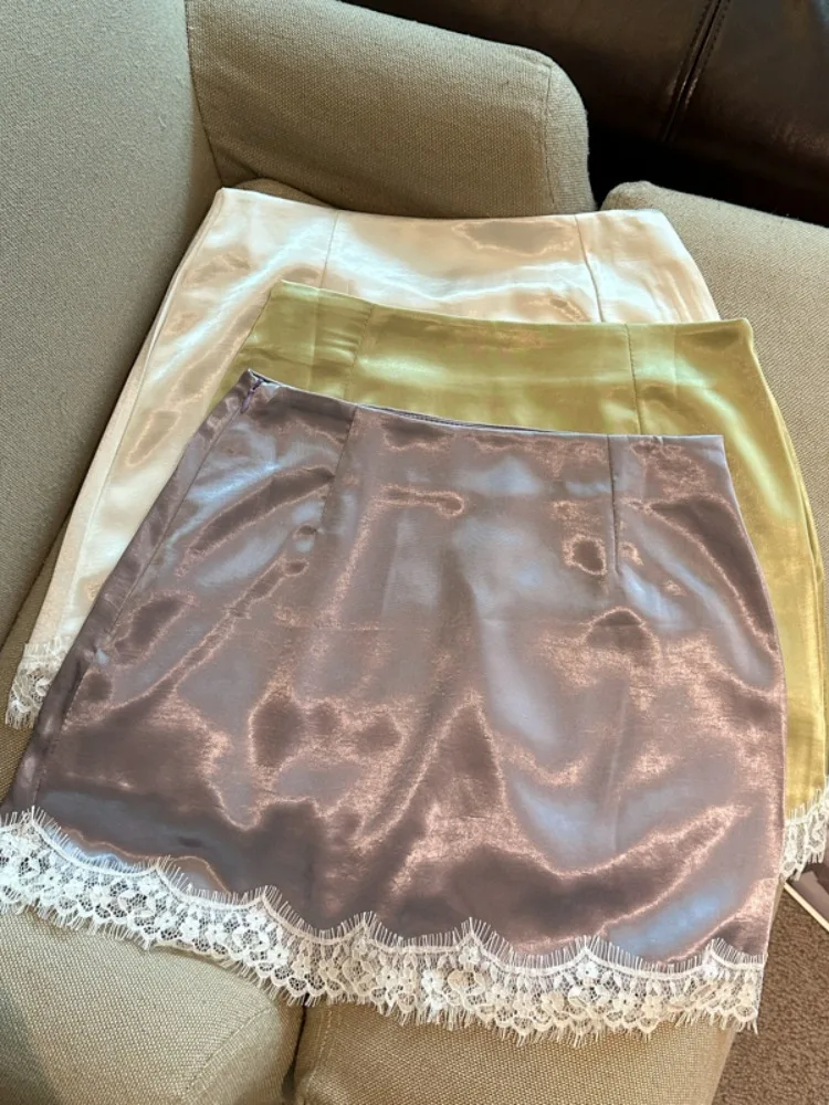 Summer New Pure Desire Spicy Girl Style Smooth Fabric Lace Half Skirt Women's High Waist A-Line Skirt Breathable Skin-Friendly