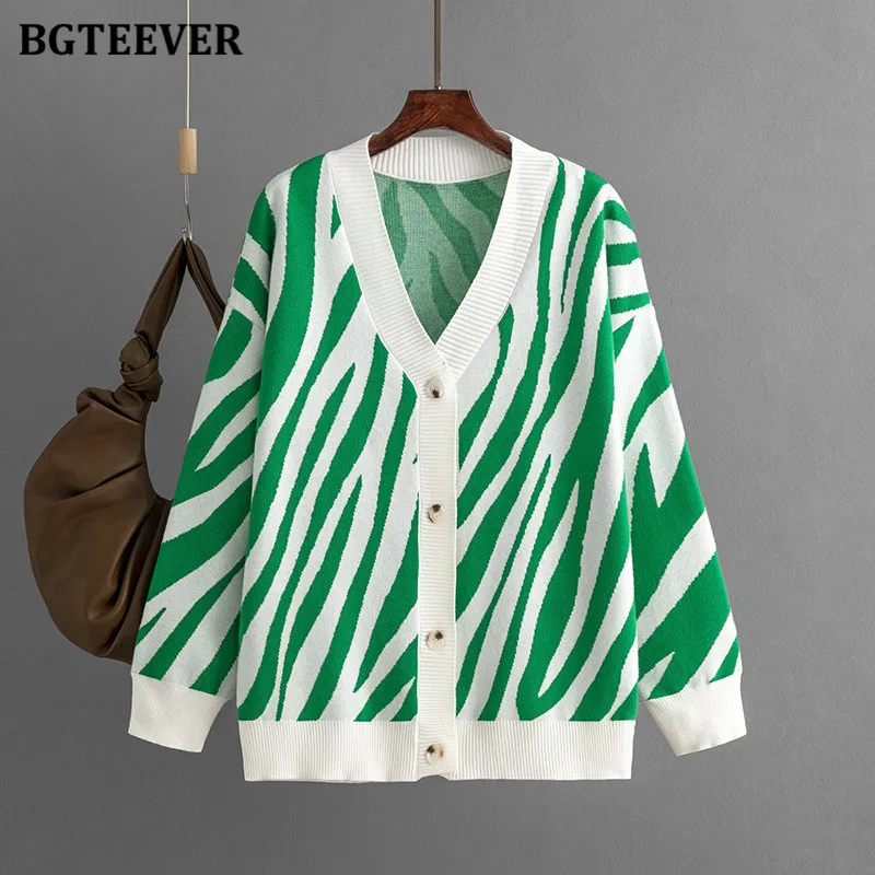 BGTEEVER Casual V-neck Long Sleeve Women Striped Cardigans Sweaters Autumn Winter Loose Single-breasted Female Knitted Coats