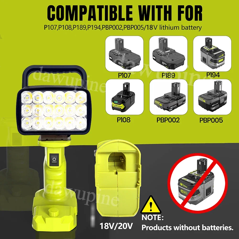 

Portable Lanterns Camping Lamp Torch Searchlight Flashlight Spotlight 18 LED Work Lights for Ryobi 18V Lithium Battery P107 P108