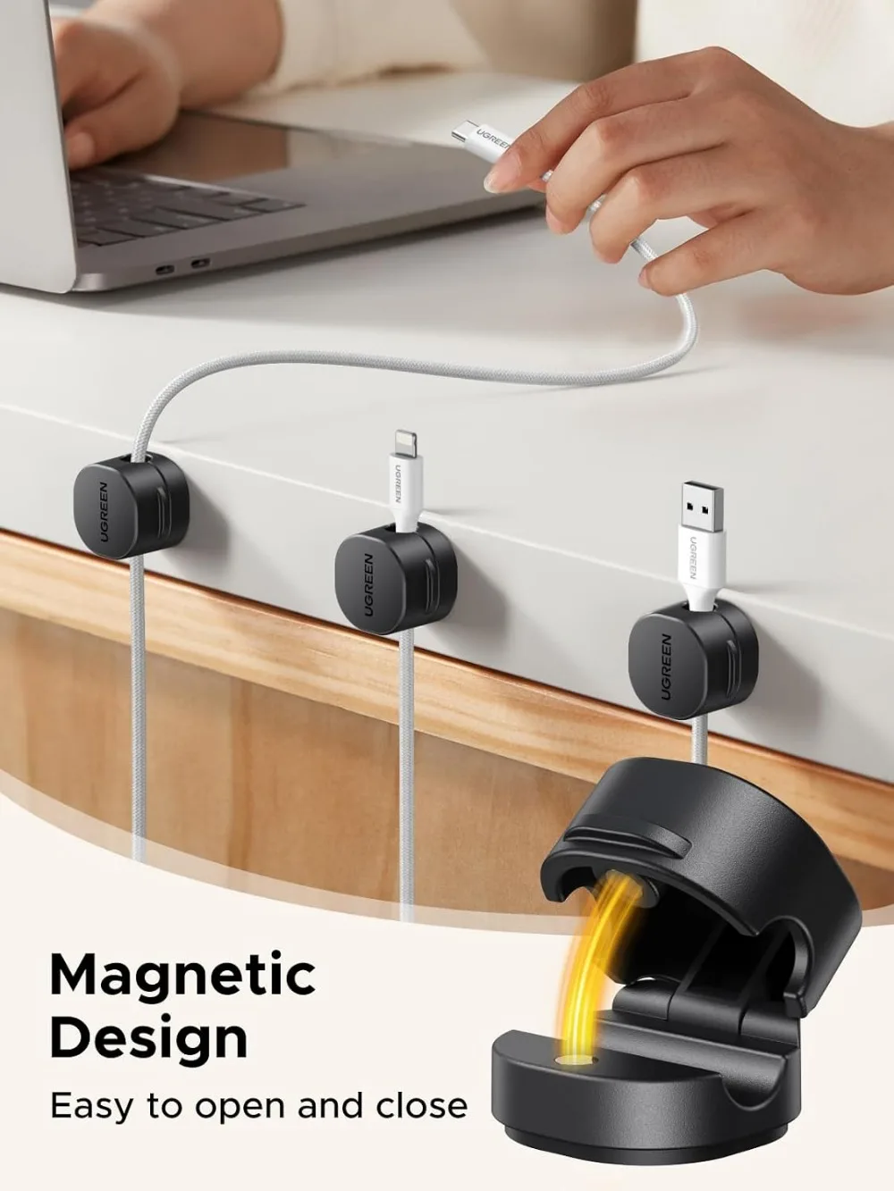 6-Pack Magnetic Cable Organizer Clips, Strong Cord Holder for Desk, Keep Charging Cables & Computer Cords Tangle-Free, Black