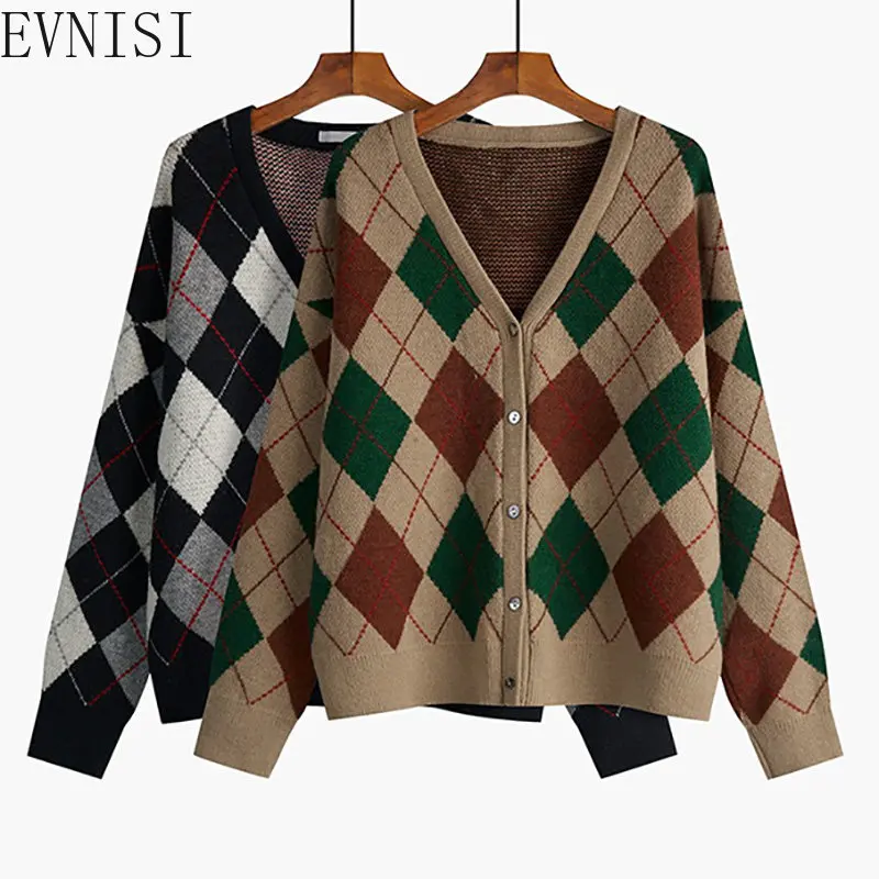 EVNISI Women Cardigan Autumn Winter Diamond Pattern Loose OL V-neck Buttoned Up Casual Sweater Cardigan Women Winter 2022