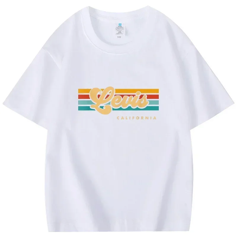 2026 New Summer Short Sleeved Top Men's and Women's Kids Fashion Retro Sunset Stripe Levis, California Pure Cotton T-shirt
