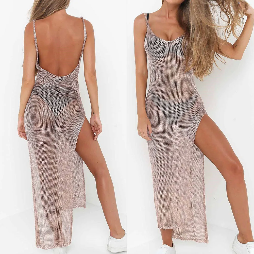 Vestido largo transparente de malla para mujer, traje de baño de punto, color plateado y negro