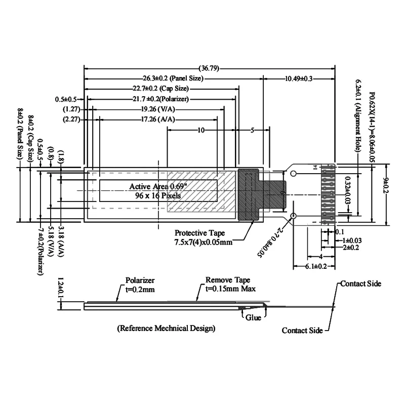 0.69 インチ SSD1315 OLED ディスプレイ モジュール - ホワイト IIC 96x16 モノクロ画面 - 14 ピン小型 LCD スクリーン モジュール