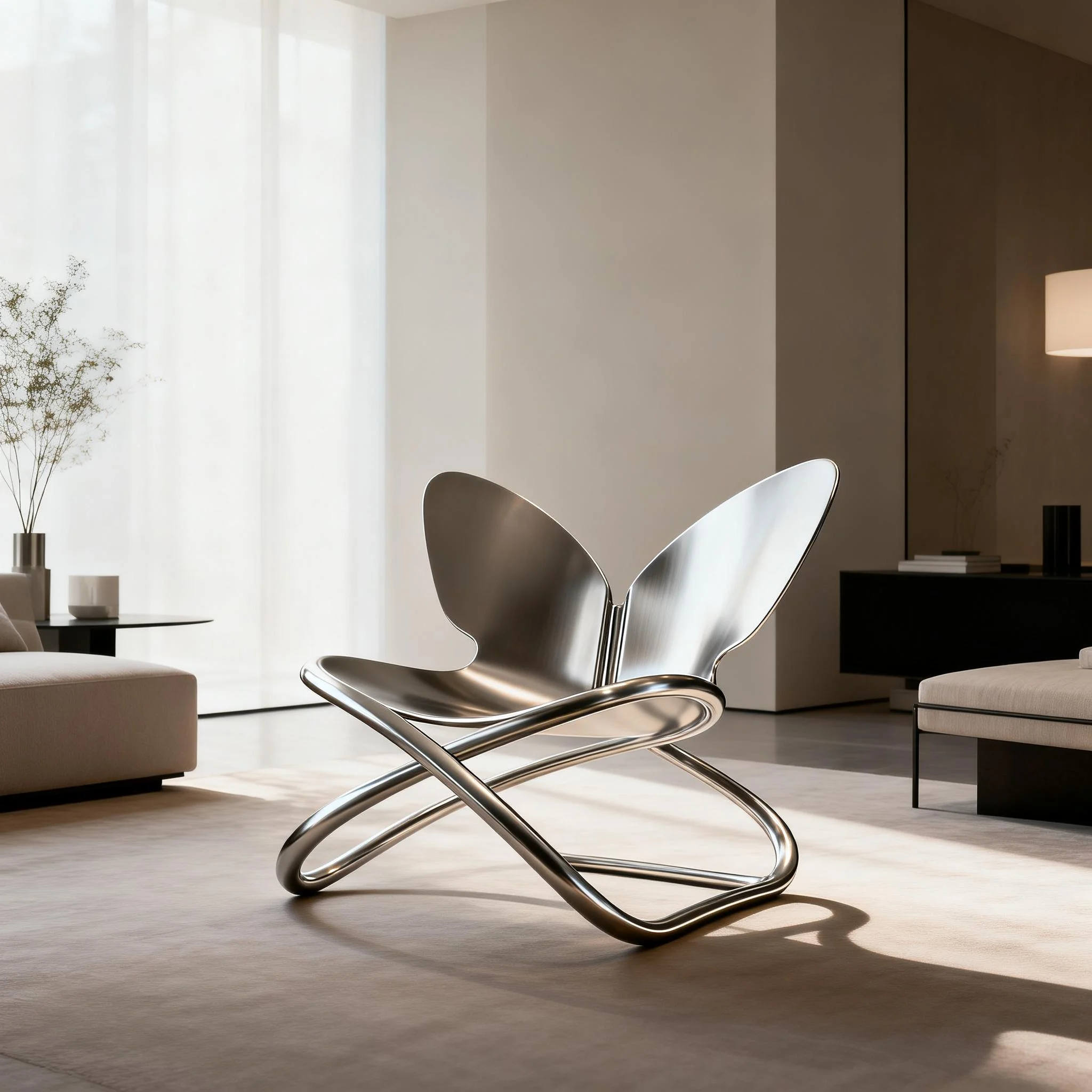 Modern butterfly polished stainless steel lounge chair, sculptural style chair