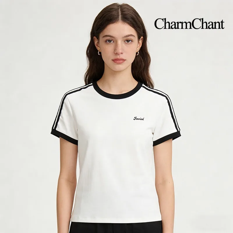 CHARMCHANT Women's Contrast Trim Ringer T Shirt Side Stripe Letter Print Slim Fit Vintage Casual Cotton Summer Tops Tshirt 2026