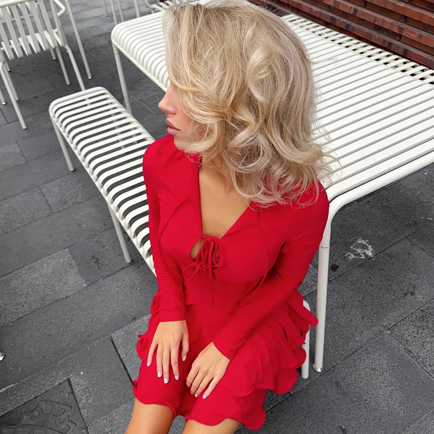 Red Fashionable Knitted  Elasticmini Dress Hollow Out Lace-Up Front Ruffle Hem A-Line Short Dress Long Sleeve Round Neck Dresses
