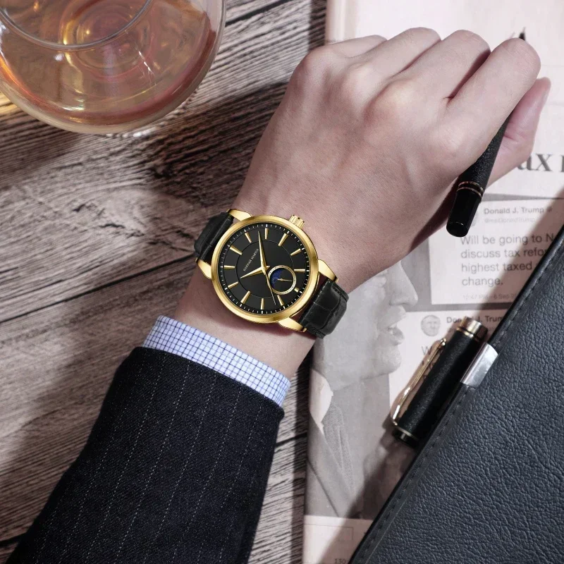 Hannah Martin Quartz Wristwatch 1631 Business Watches for Men Fashion Moon Phase Leather Strap Waterproof Relogios Masculino