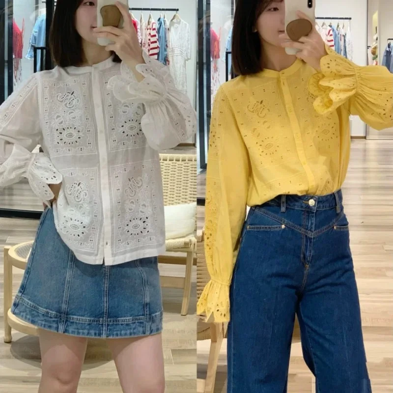 

Retro Embroidered Hollow out Cotton Straight Leg Stand Collar Women's Bell Sleeve Shirt Spring 2025 Bohemian Sweet Style