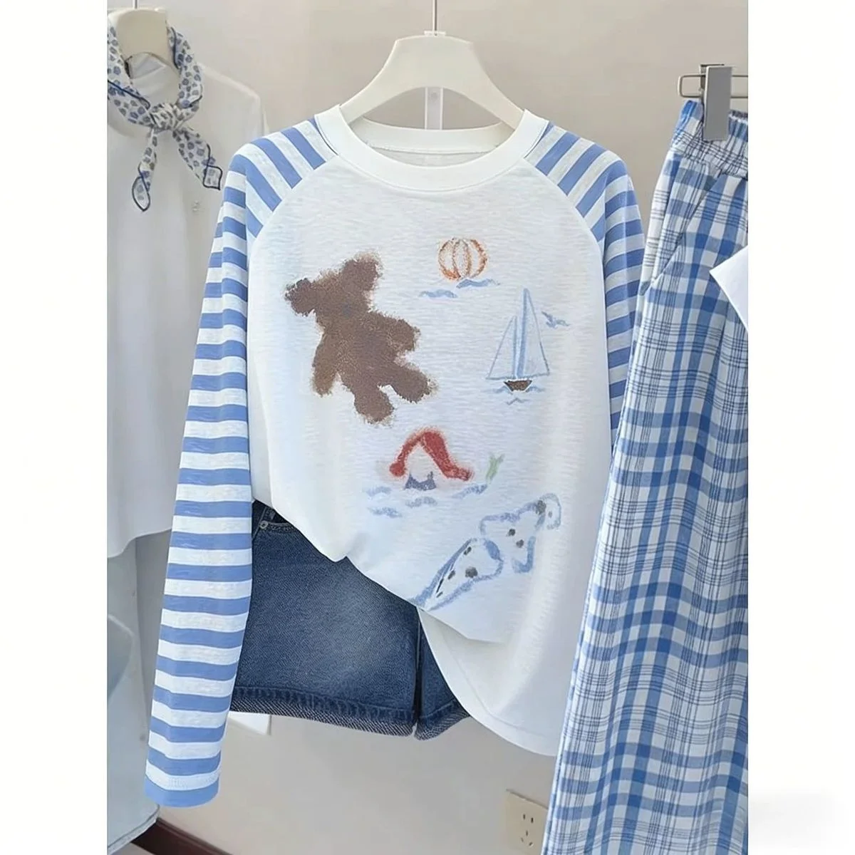 Kawaii Striped Raglan Long-sleeved T-shirt Women Summer Casual Thin Sunscreen Cover-up Top Korean Design Sense Loose Tops