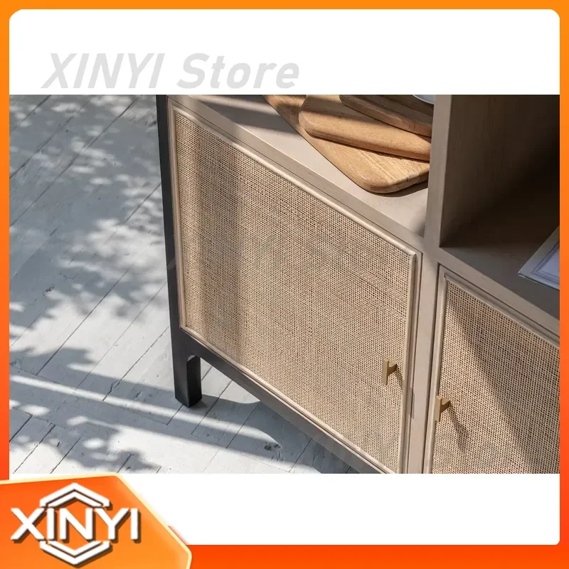 for Custom Antique Boho House Organic Oak Rattan Bookcase for Living Room Corner Arched Storage Cabinet Rattan Furniture