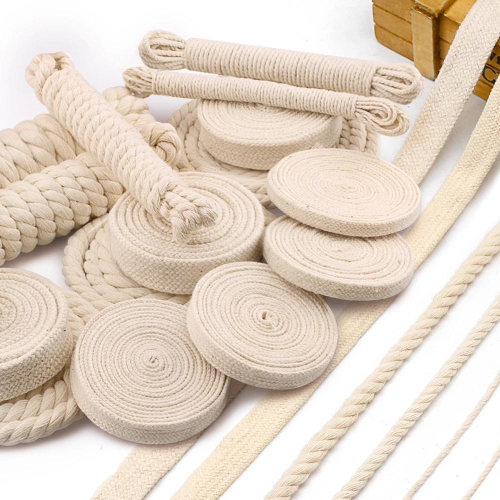 5yd/lot high strength natural color 3ply round flat Rope 100% cotton Cords for home handmade garment accessories Craft Projects
