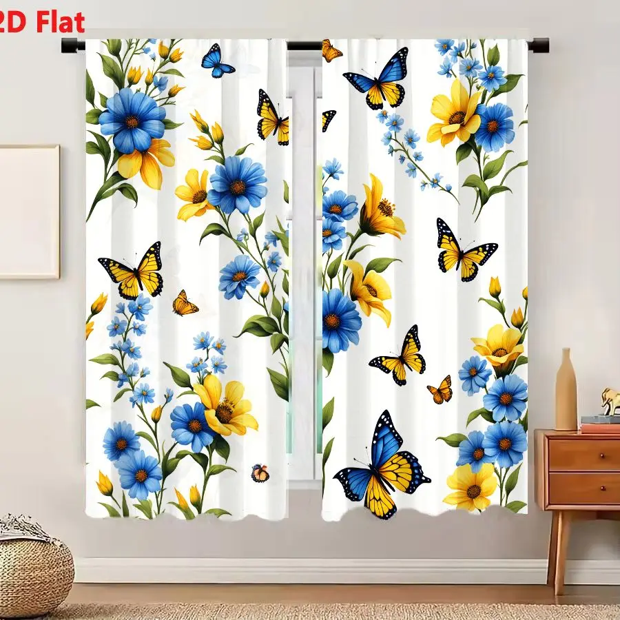 2Pcs Curtains 2D Flat White Background Blue Yellow Flowers Green Leaves Butterflies Whimsical Floral Pattern Wallpaper Fabric Pr