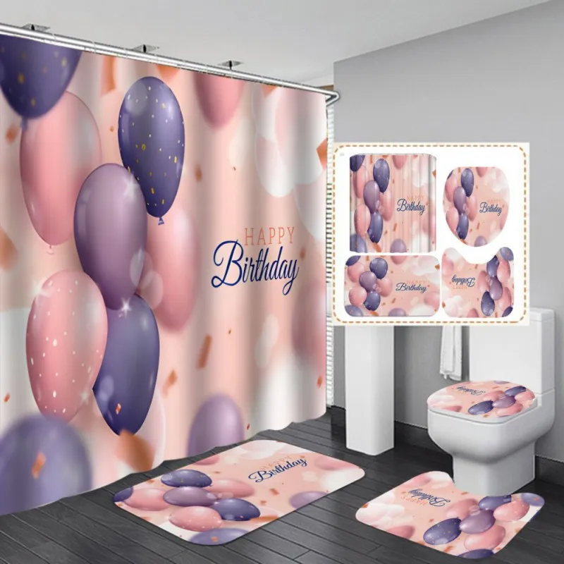 

Shower Curtains with Bath Rugs Non-Slip Soft Toilet Lid Cover for Bathroom Happy Birthday Series Waterproof Home Tub Curtains