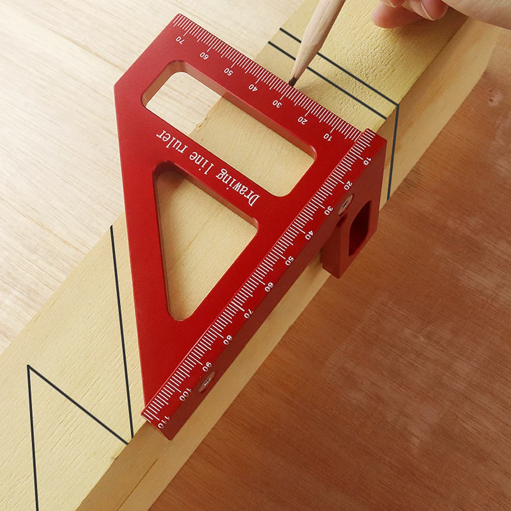 Aluminum Alloy Red Miter Triangle Ruler 45°/90° Woodworking Square Protractor - 3D Multi Angle Layout Measuring Tools