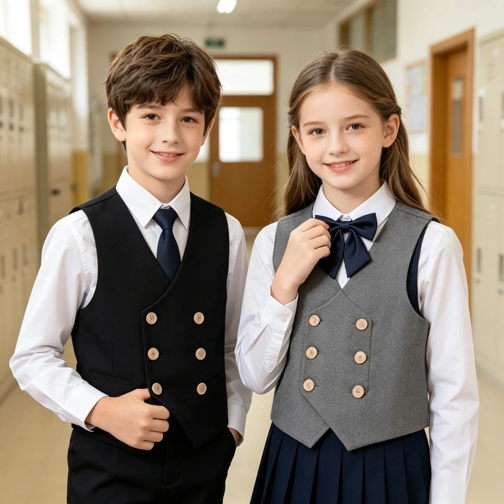 Boys Suit Vest Double Breasted Waistcoat Slim Fit Business Formal Vest Girls Kids Party Stage Performance Wear with Gold Buttons