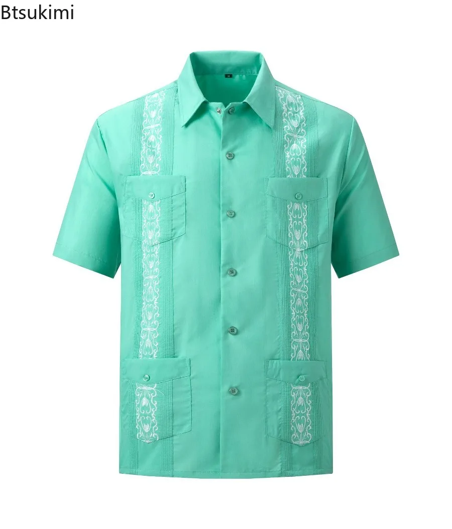 New Zipper Men's Guayabera Shirts Clothing Four Pocket Embroidered Traditional Short Sleeve Shirts For Men Mexican Cuban Shirts