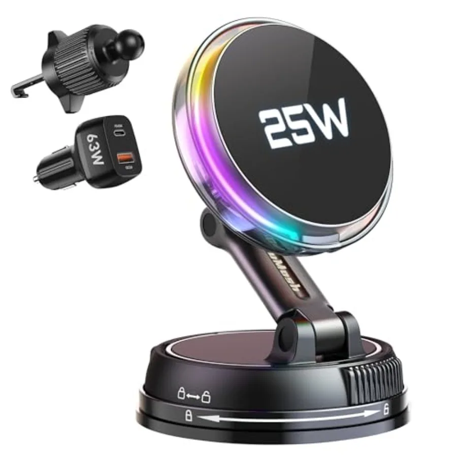 

Qi2.2 25W MagSafe Car Mount Charger [Phone Cooling Fan＆RGB Lights] Wireless Car Charger with 78+LBS Vacuum Suction 360°Rotatabl