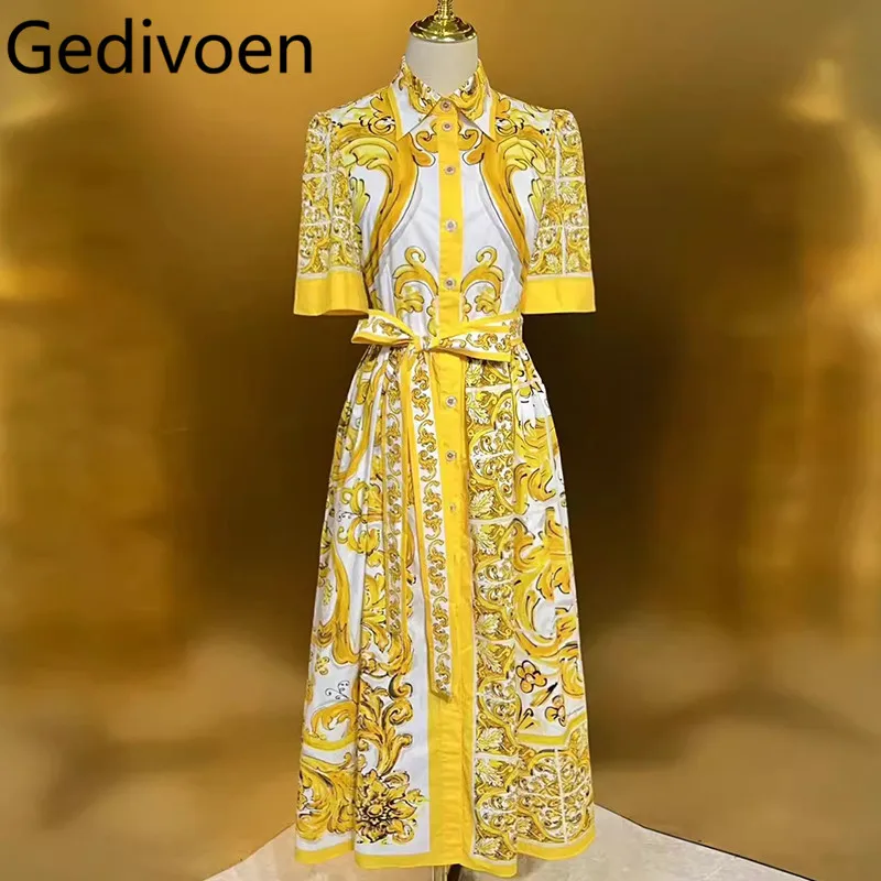 

Gedivoen Summer Fashion Runway Designer Women's Dress Turn-Down Collar Single-Breasted Lace-UP Baroque Print Cotton Dresses