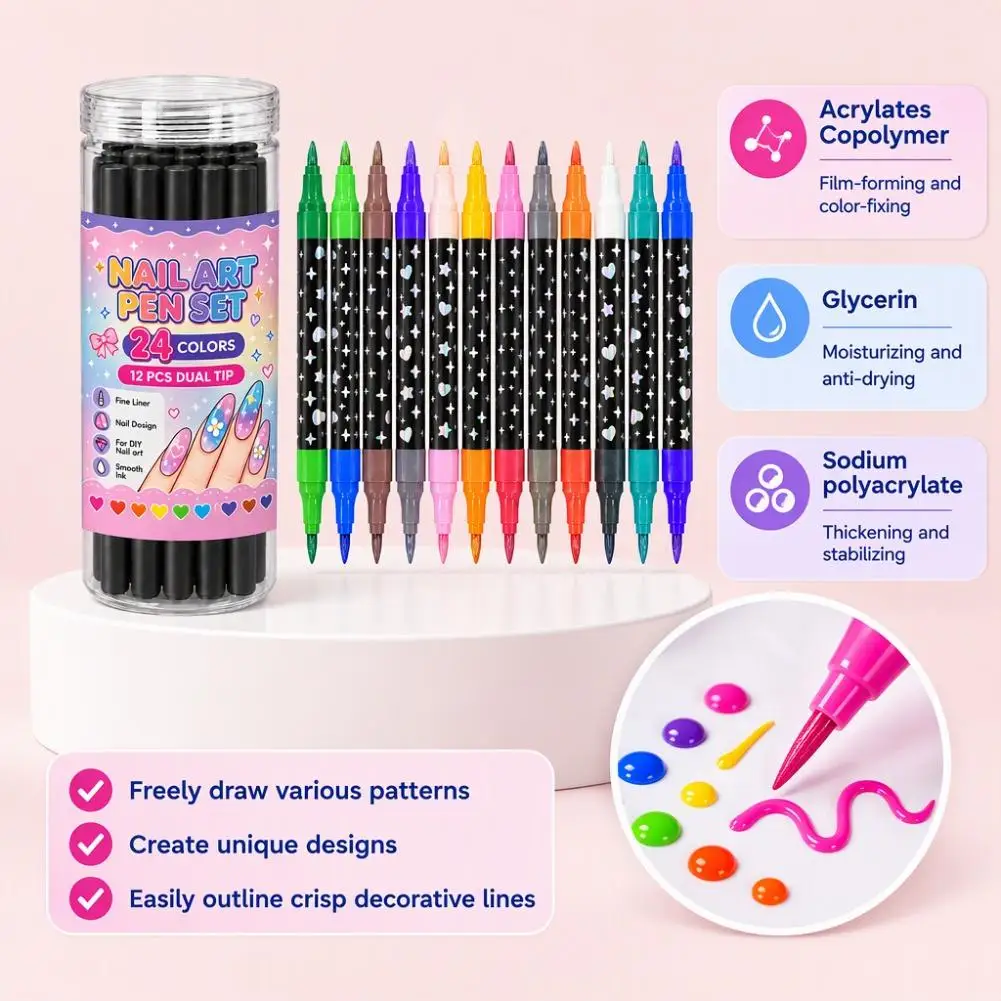 12-Color Double-Ended Glitter Pens Quick-Dry Acrylic Markers Soft Tip Fluorescent DIY Pen Set