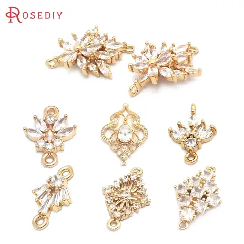하이 퀄리티 18K 골드 컬러 황동 지르콘 꽃 단풍잎 마름모 귀걸이, 연결 참 펜던트, DIY 주얼리 제작, 2 홀