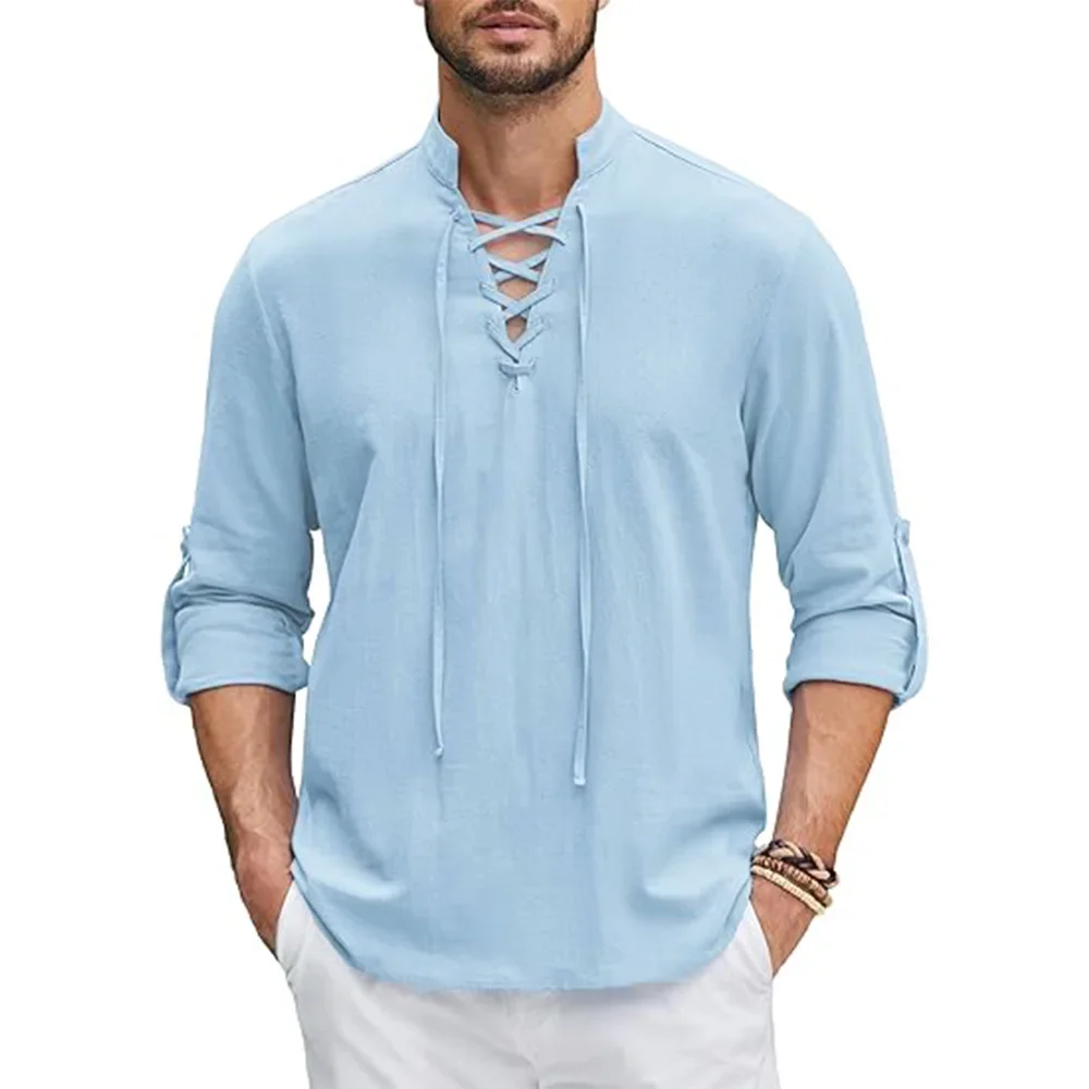 New Autumn Men's V-neck Shirt Fashion Retro Thin Men's Casual Breathable Cotton Linen Shirt Men's Versatile Daily Tops