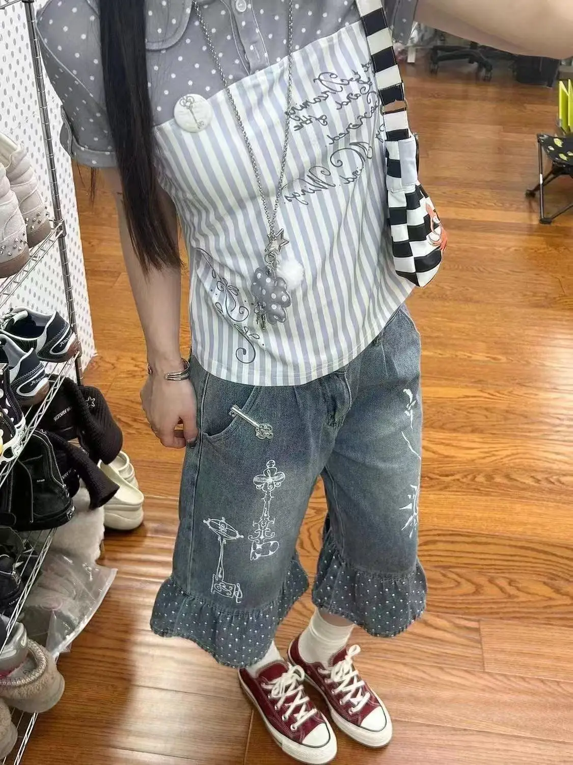 Summmr Women American Retro Jorts Design Jean Shorts Tide Abi Y2K Harajuku 2000s Denim Calf-Length Pants High Street Korean New