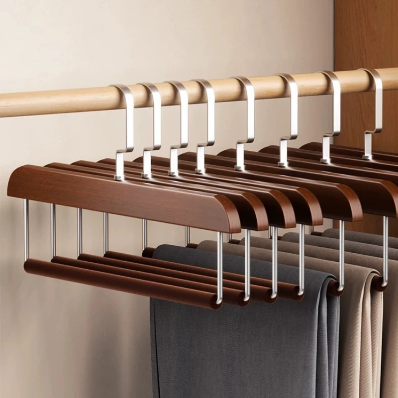 Non‑Marking Flocked Wooden Pants Hangers Anti‑Slip Trousers Clips Space‑Saving Closet Organizer Shoulder Garment Storage