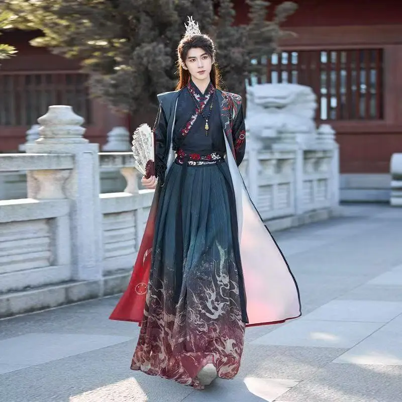 Men's Ancient Black Red Fire Hanfu Traditional Weijin Period Cross Collar Costume Niche Swordsman Cosplay Outfits Dance Dress