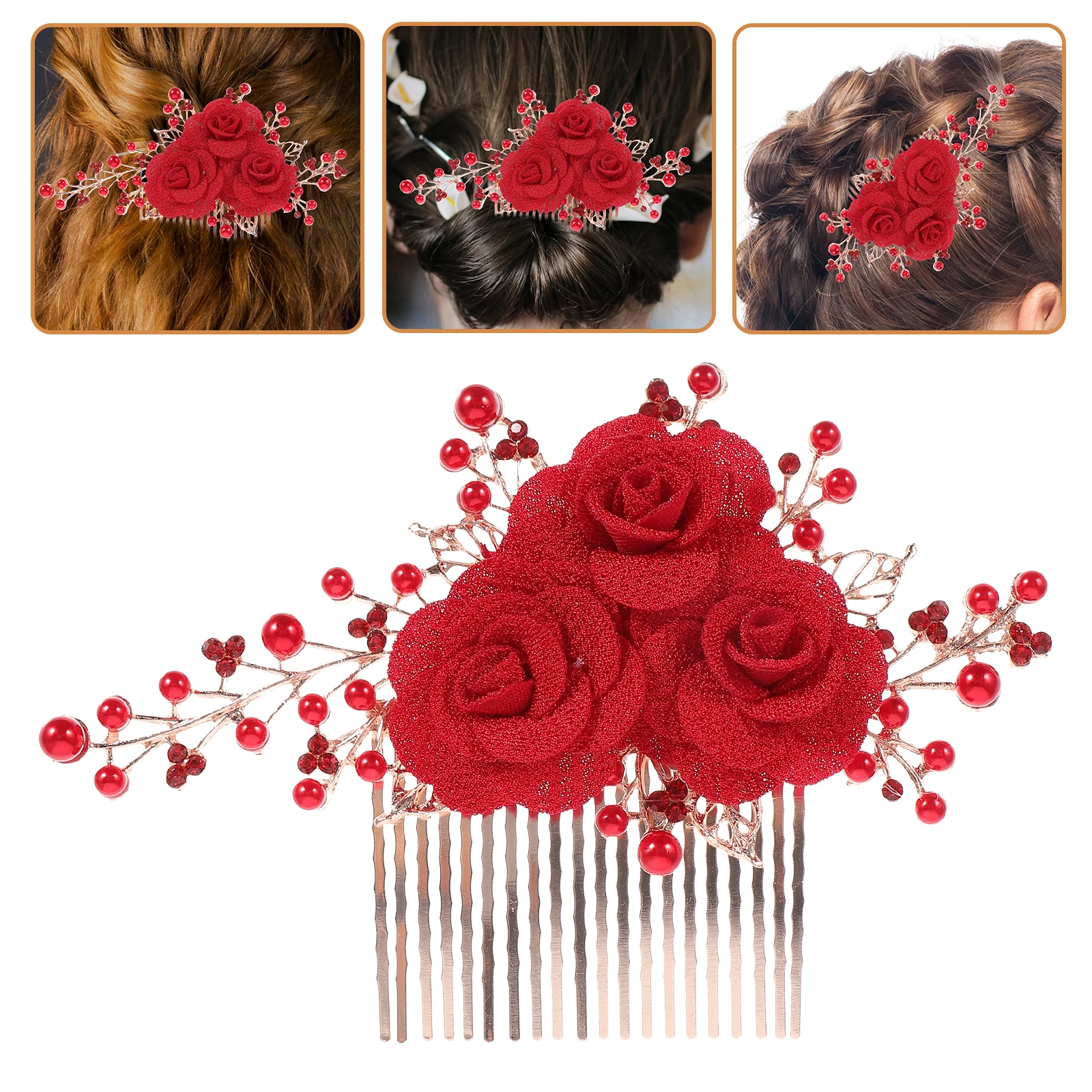

Elegant Wedding Hair Comb Bridal Pearls Flower Crystal Side Hair Accessories For Women Red Floral Party Bridal Hairpins