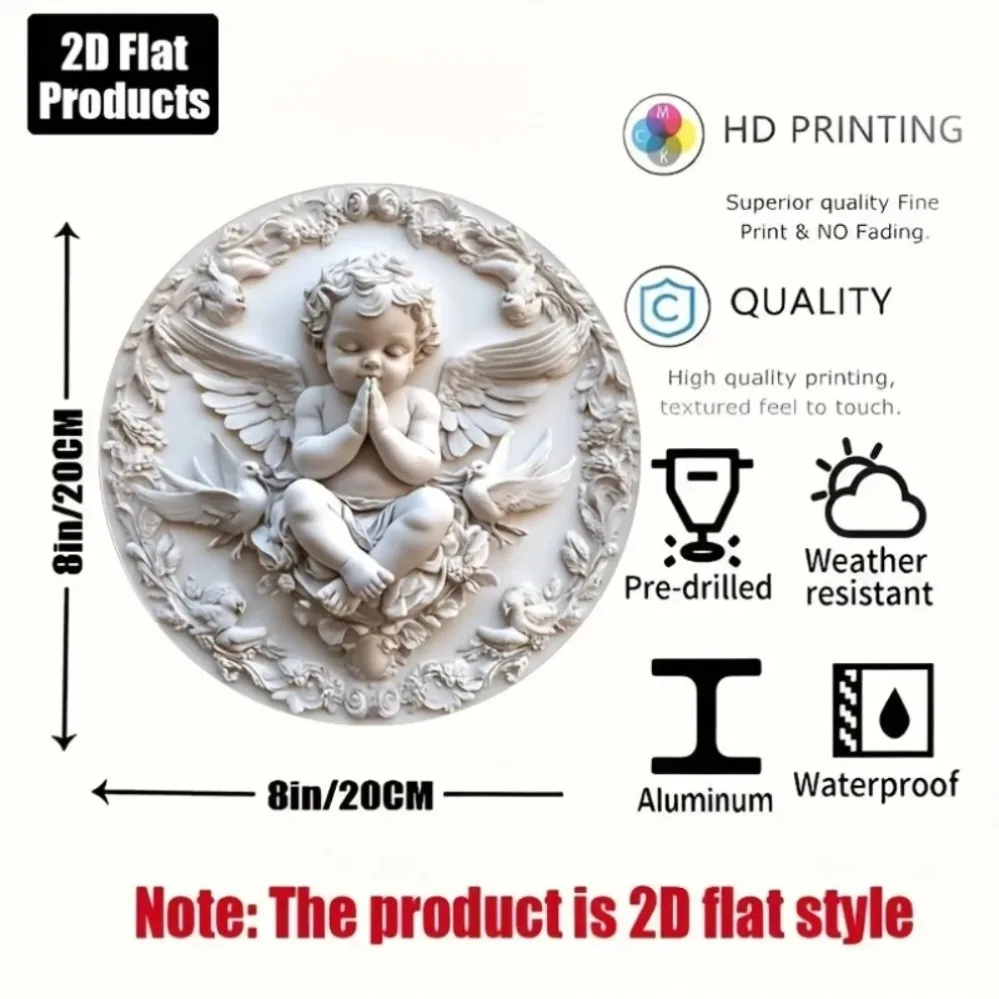 2D Flat Vintage Praying Cherub Angel Round Metal Tin Sign, Retro 3D Relief Style Wall Decor Tin Plaque, Classic Religious Cupid
