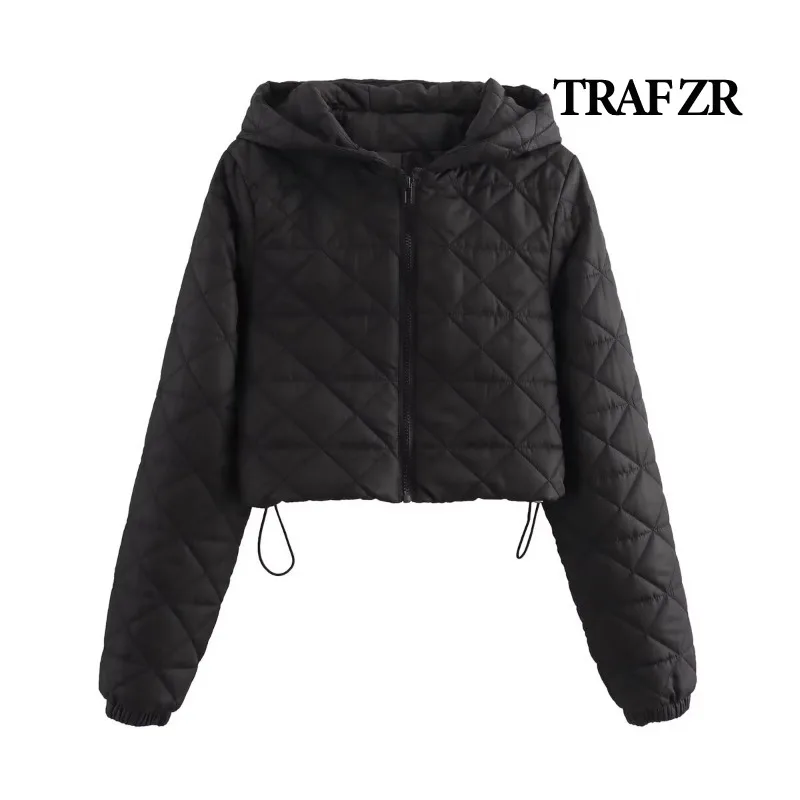 TRAF ZR-Casaco acolchoado casual com capuz feminino, parka de neve curta, preto, elegante, luxo, quente, inverno