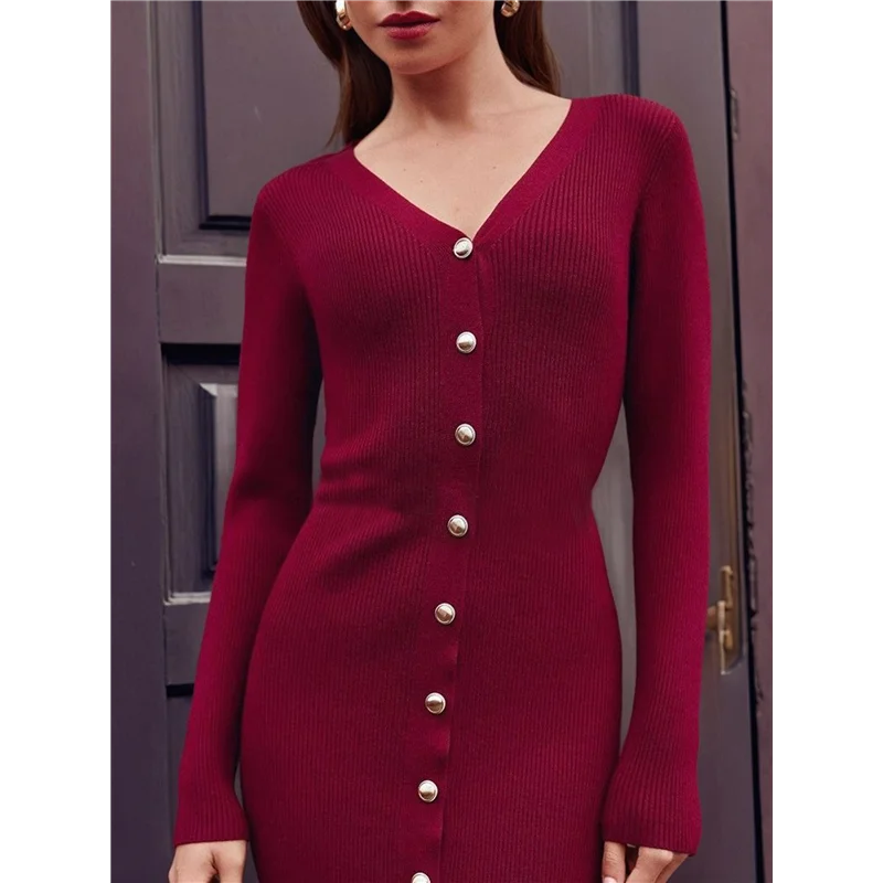 FX-Dames 2025, herfst trendy midi-sweaterjurk, casual v-hals, lange mouwen, geribbeld gebreide winter bodycon-jurken