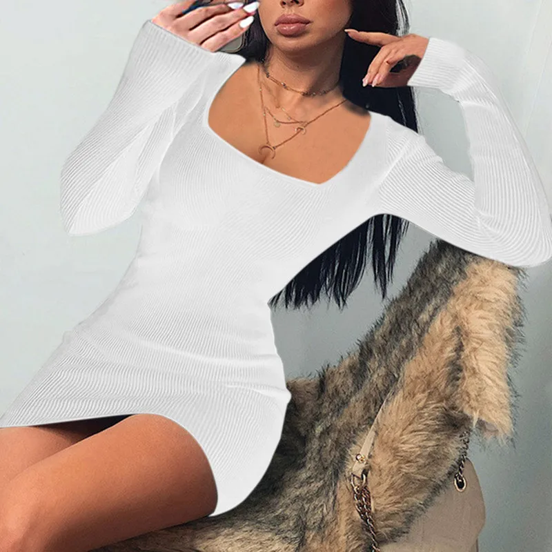 Long Sleeve Dress Women\'s Fashion Sexy Slim Fit Square Collar Sheath Autumn and Winter Sexy Dress for Women Short Prom Dress