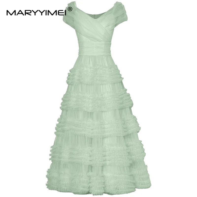 MARYYIMEI Summer Women\'s dress Sleeveless V-neck Ruched Garment sleeves Elegant Party Ball Gown Cascading Wood ear edge Dresses