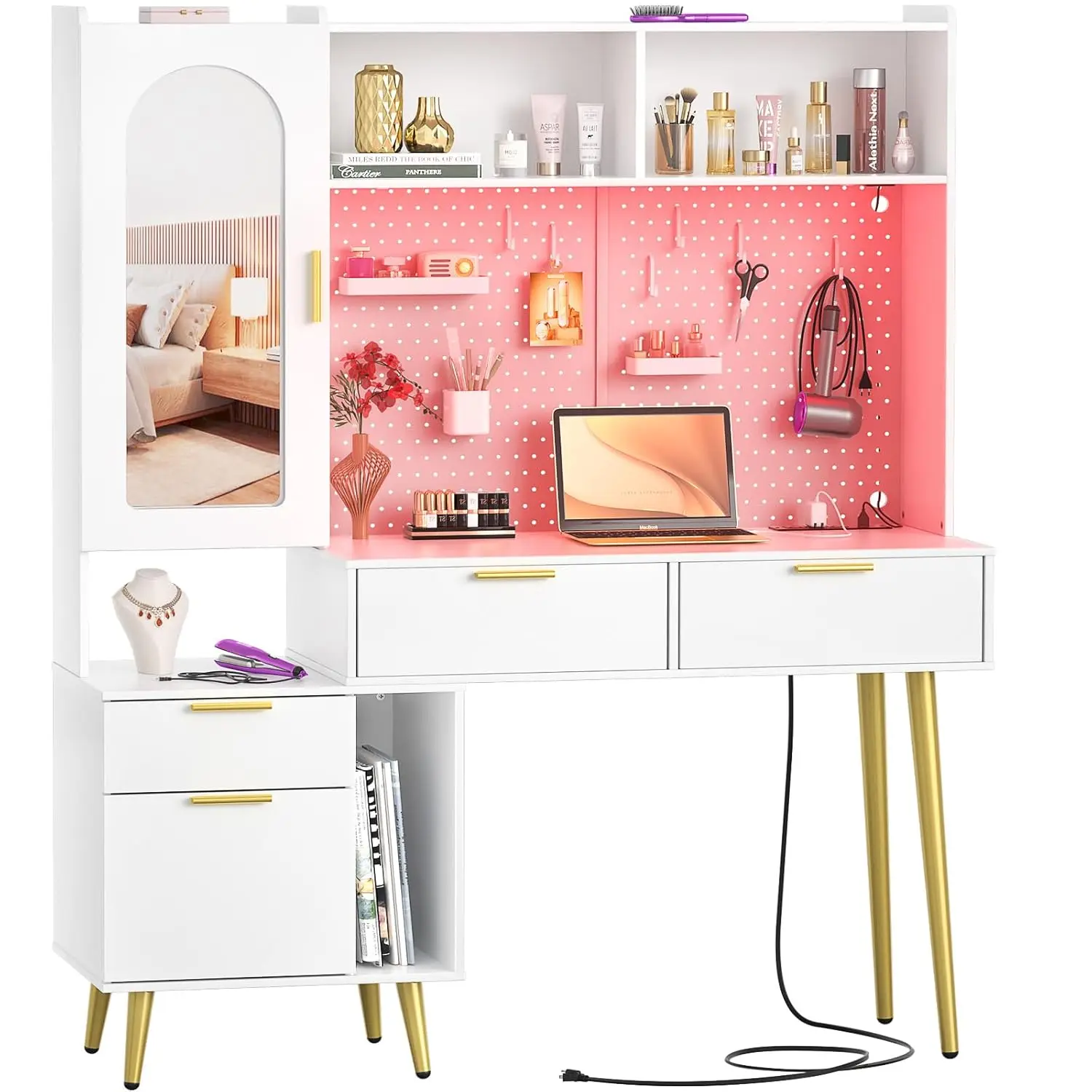 White Vanity Desk with Hutch, LED Mirror, Charging Station, Pegboard, 5 Drawers & Shelves, 48 Inch, Customized