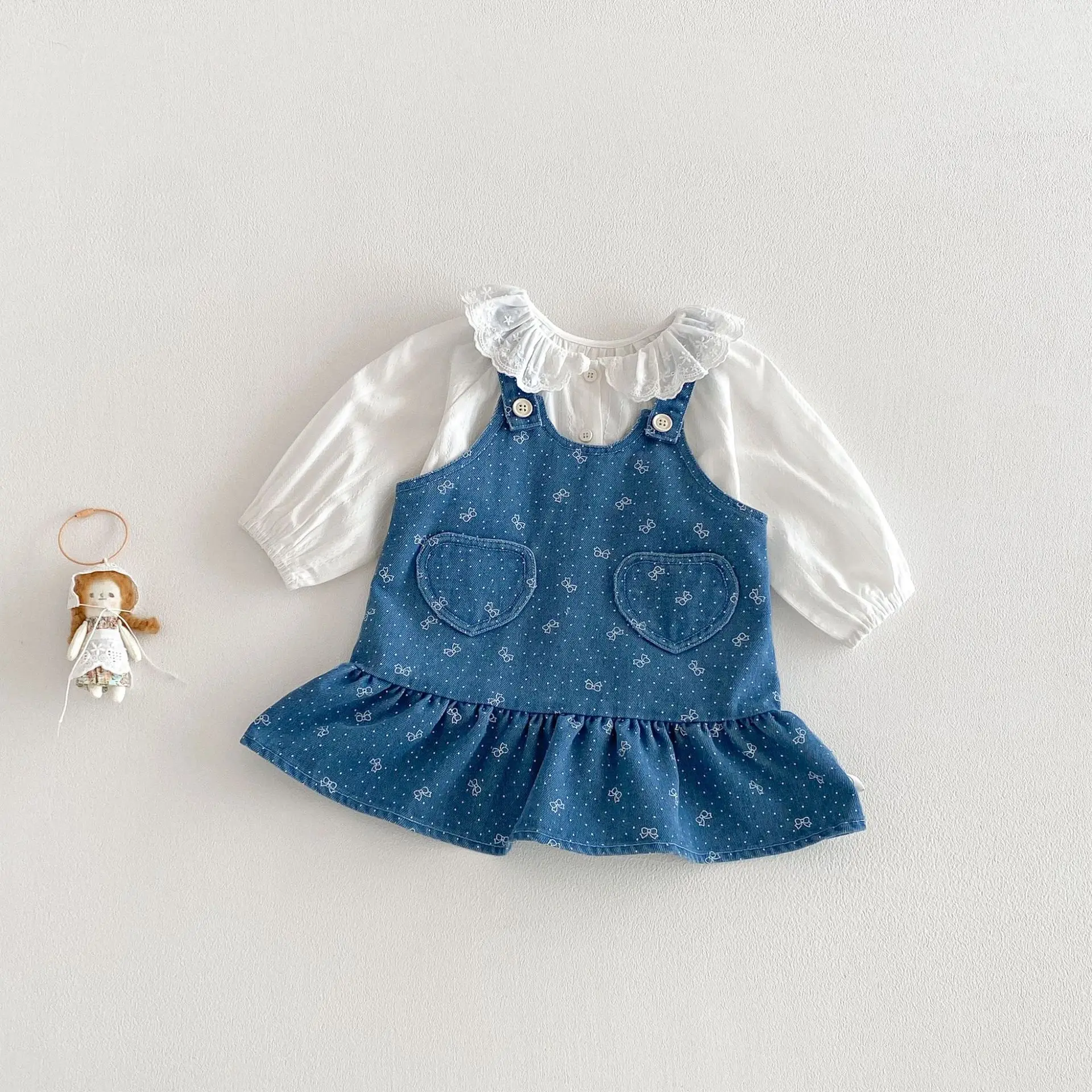 Girls' Sweet Cowboy Skirt 2026 New Spring Baby Full Version Bow Printed Dress Children's Skirt