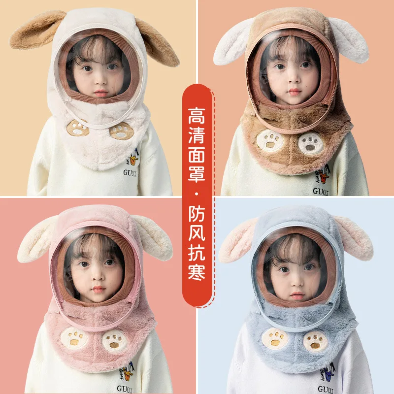 Hot Baby Hat Windproof Cover Headband Face Shield Warm Autumn Winter Thick Scarf Integrated Ear Protection Hat Cute Boys Girls