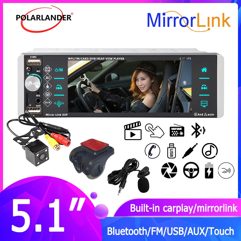 

Car Multimedia Player Android Auto 5.1 inch 1 Din Touch Screen IPS Capacitive Wince 3-USB Car MP4 MP5 Player Built-In Carplay